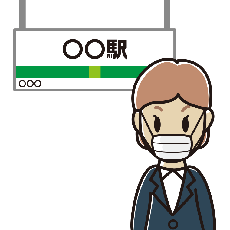 駅のホームでマスクをする年配女性会社員のイラスト【色あり、背景なし】透過PNG
