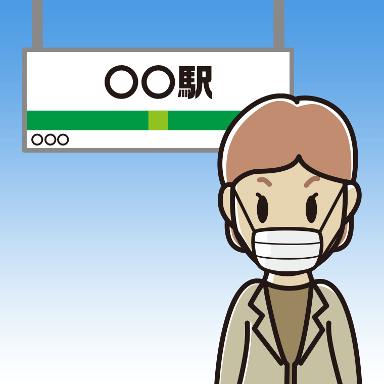 駅のホームでマスクをする年配女性会社員（カジュアル）のイラスト【色、背景あり】PNG