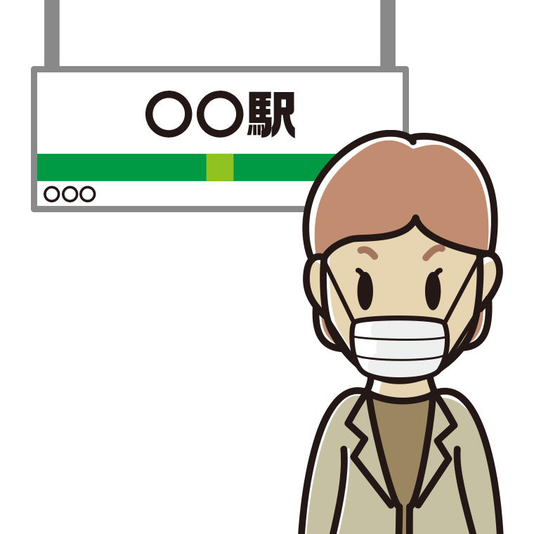 駅のホームでマスクをする年配女性会社員（カジュアル）のイラスト【色あり、背景なし】透過PNG