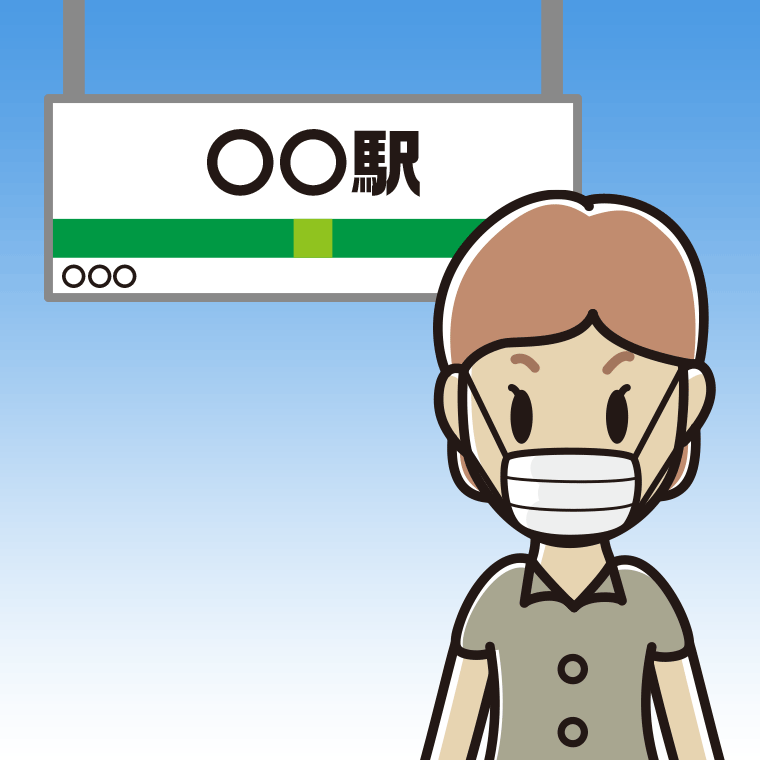 駅のホームでマスクをする年配女性会社員（クールビズ）のイラスト【色、背景あり】PNG