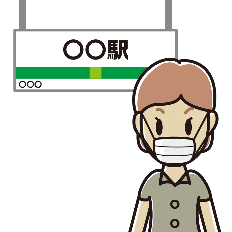 駅のホームでマスクをする年配女性会社員（クールビズ）のイラスト【色あり、背景なし】透過PNG