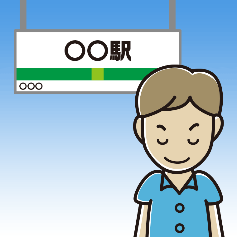 駅のホームでお辞儀する男性会社員（クールビズ）のイラスト【色、背景あり】PNG