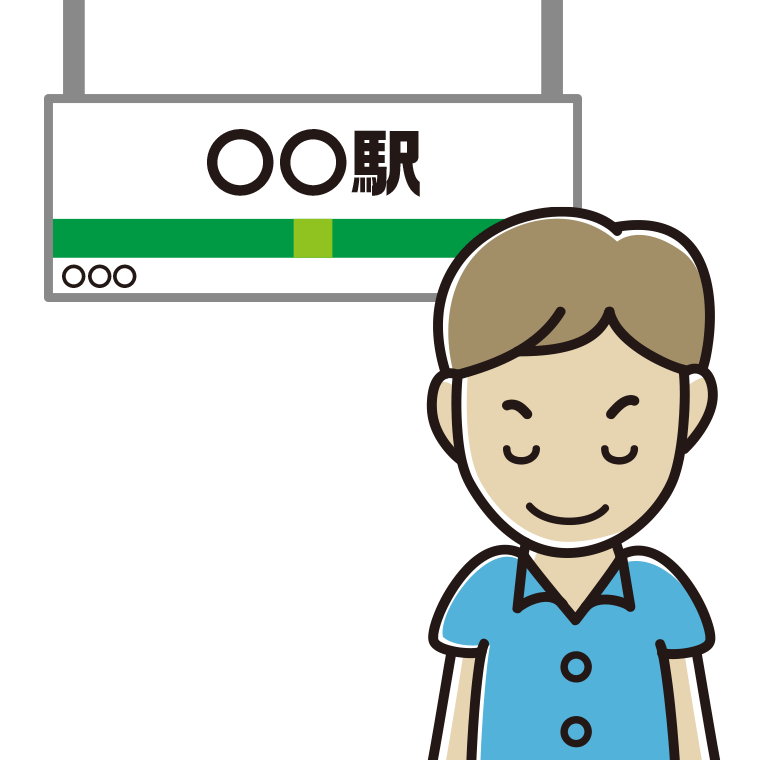 駅のホームでお辞儀する男性会社員（クールビズ）のイラスト【色あり、背景なし】透過PNG