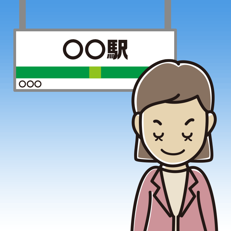 駅のホームでお辞儀する女性会社員（カジュアル）のイラスト【色、背景あり】PNG