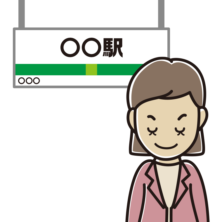 駅のホームでお辞儀する女性会社員（カジュアル）のイラスト【色あり、背景なし】透過PNG