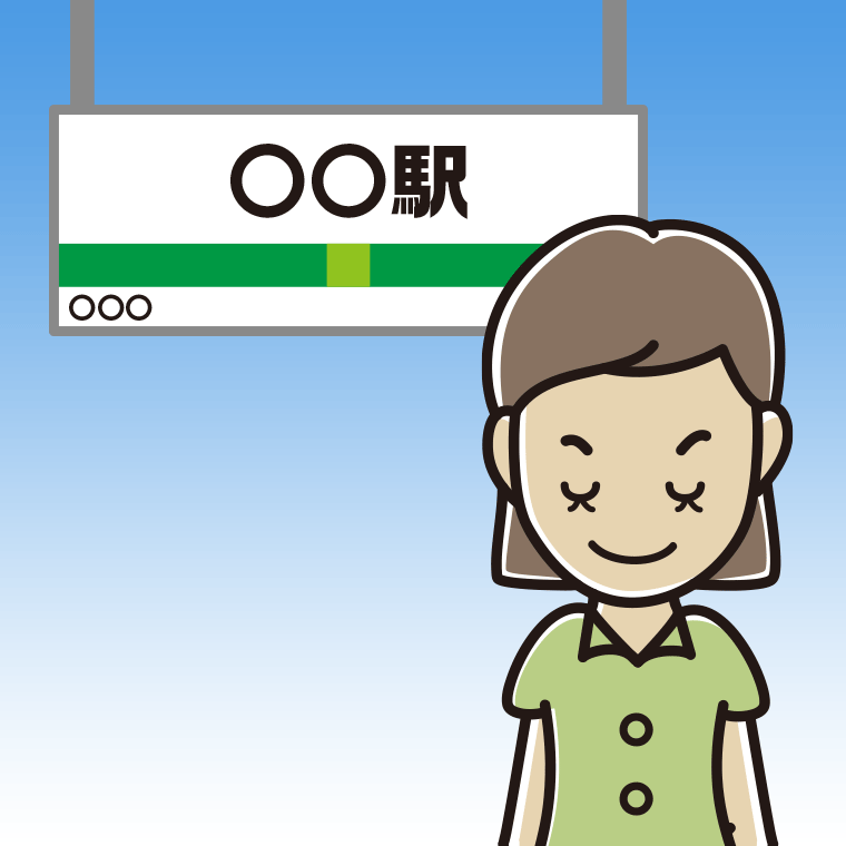 【ビジネスフリー素材】駅のホームでお辞儀する女性会社員（クールビズ）のイラスト