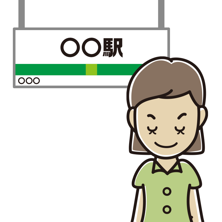 駅のホームでお辞儀する女性会社員（クールビズ）のイラスト【色あり、背景なし】透過PNG