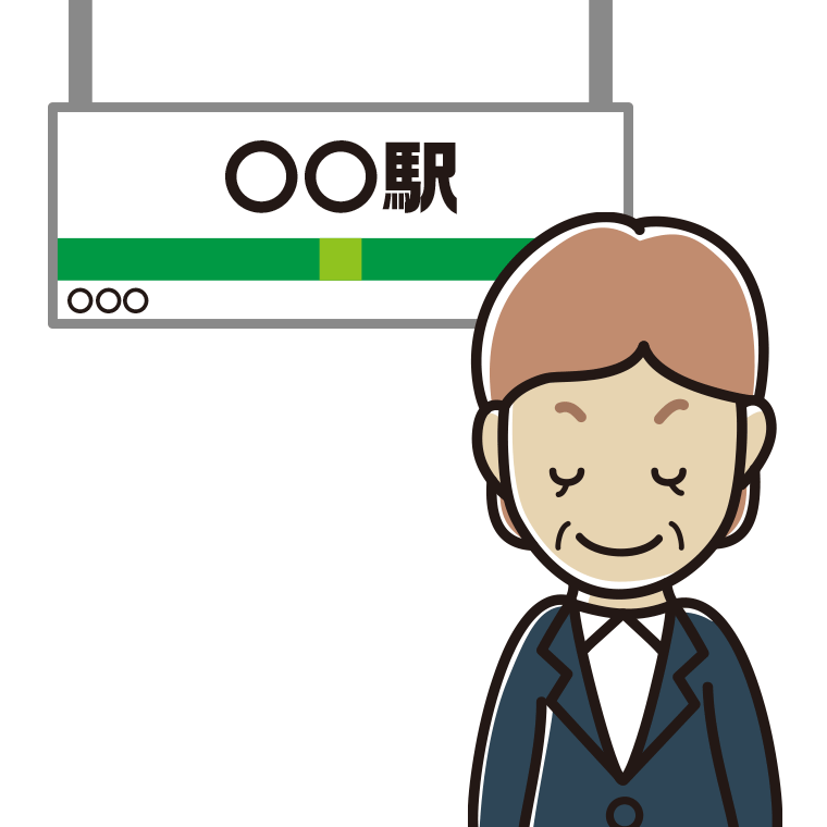 駅のホームでお辞儀する年配女性会社員のイラスト【色あり、背景なし】透過PNG