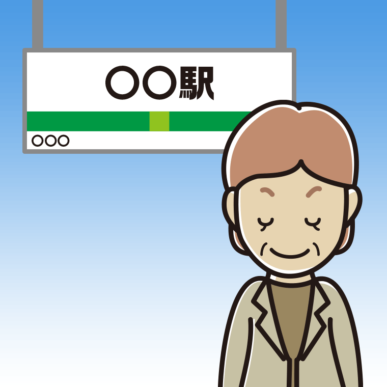 【ビジネスフリー素材】駅のホームでお辞儀する年配女性会社員（カジュアル）のイラスト