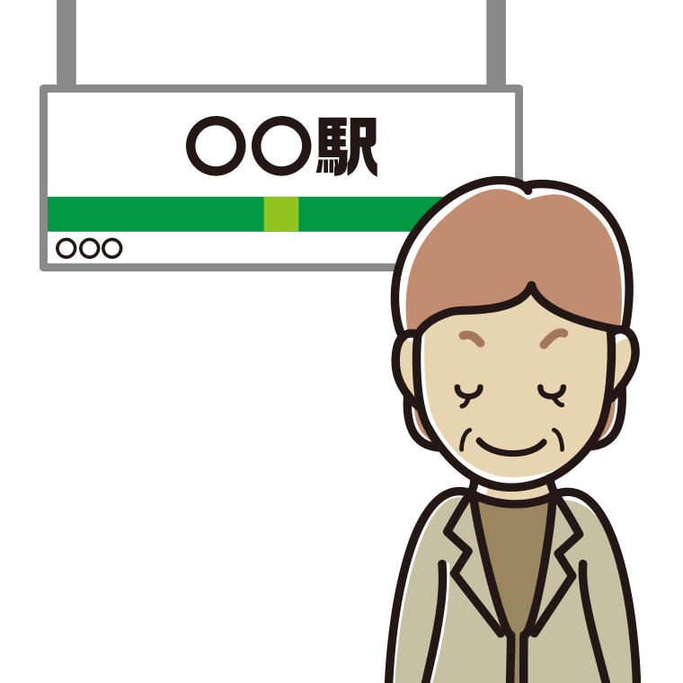 駅のホームでお辞儀する年配女性会社員（カジュアル）のイラスト【色あり、背景なし】透過PNG