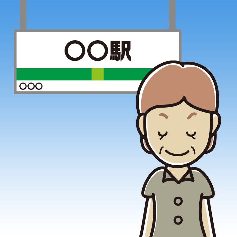 【ビジネスフリー素材】駅のホームでお辞儀する年配女性会社員（クールビズ）のイラスト