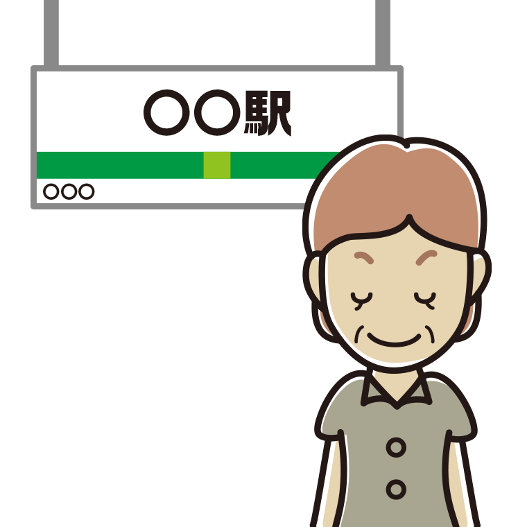 駅のホームでお辞儀する年配女性会社員（クールビズ）のイラスト【色あり、背景なし】透過PNG