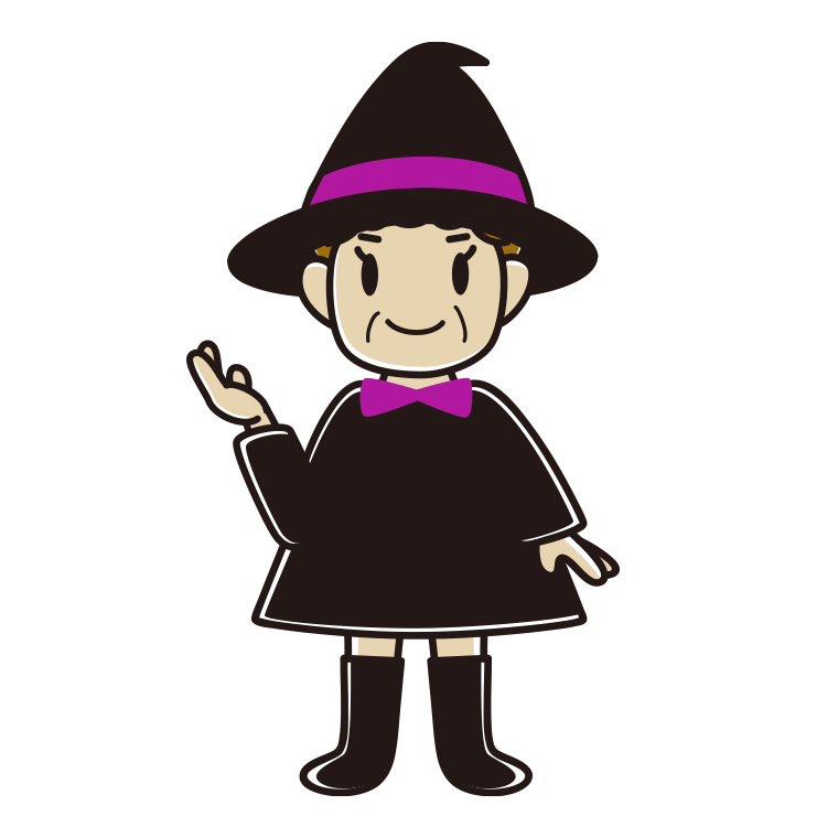 案内するハロウィンのコスプレ姿のおばさんのイラスト【色あり、背景なし】透過PNG