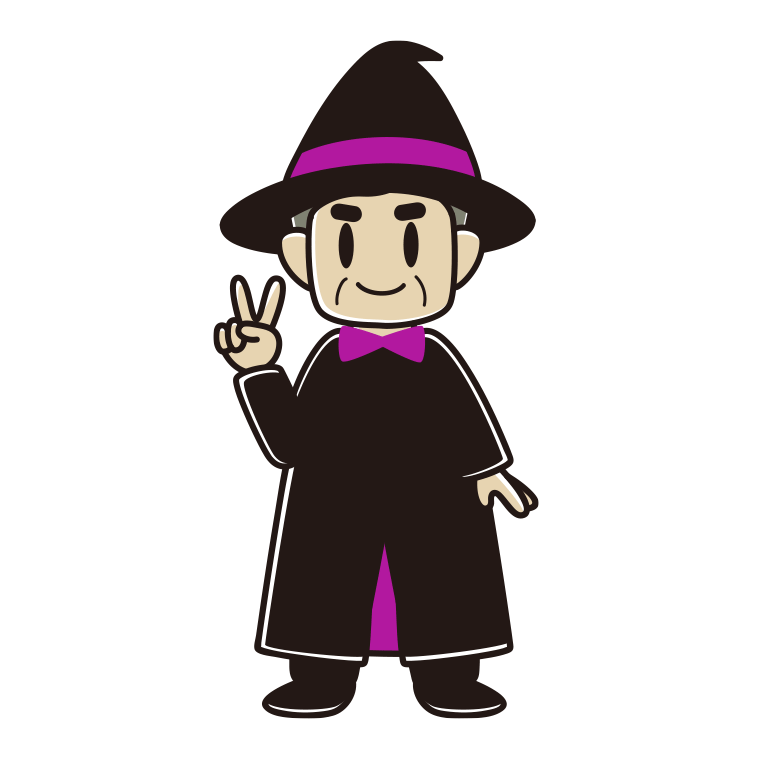 ピースをするハロウィンのコスプレ姿のおじさんのイラスト【色あり、背景なし】透過PNG