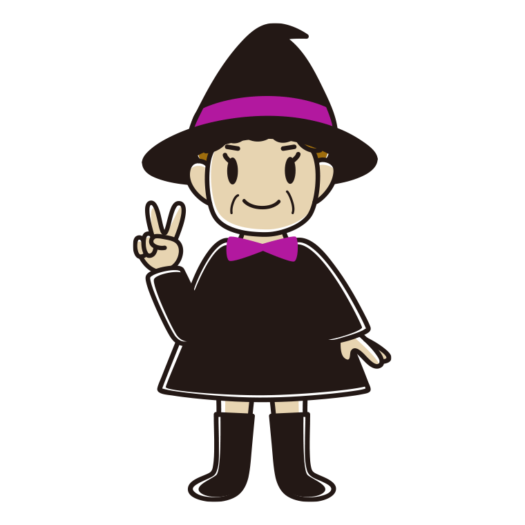 ピースをするハロウィンのコスプレ姿のおばさんのイラスト【色あり、背景なし】透過PNG