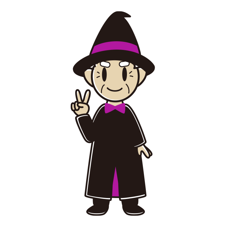ピースをするハロウィンのコスプレ姿のおじいさんのイラスト【色あり、背景なし】透過PNG
