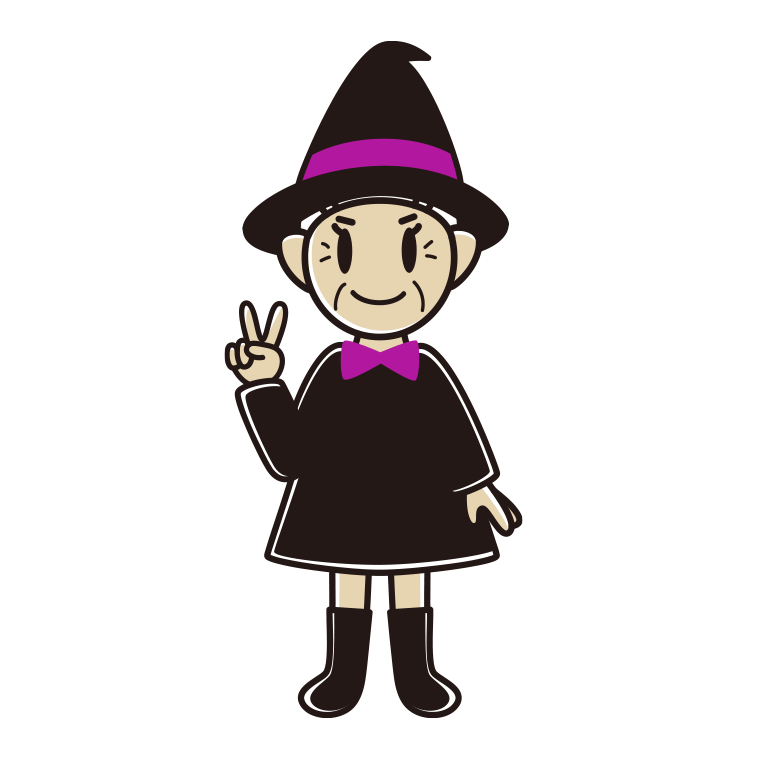 ピースをするハロウィンのコスプレ姿のおばあさんのイラスト【色あり、背景なし】透過PNG
